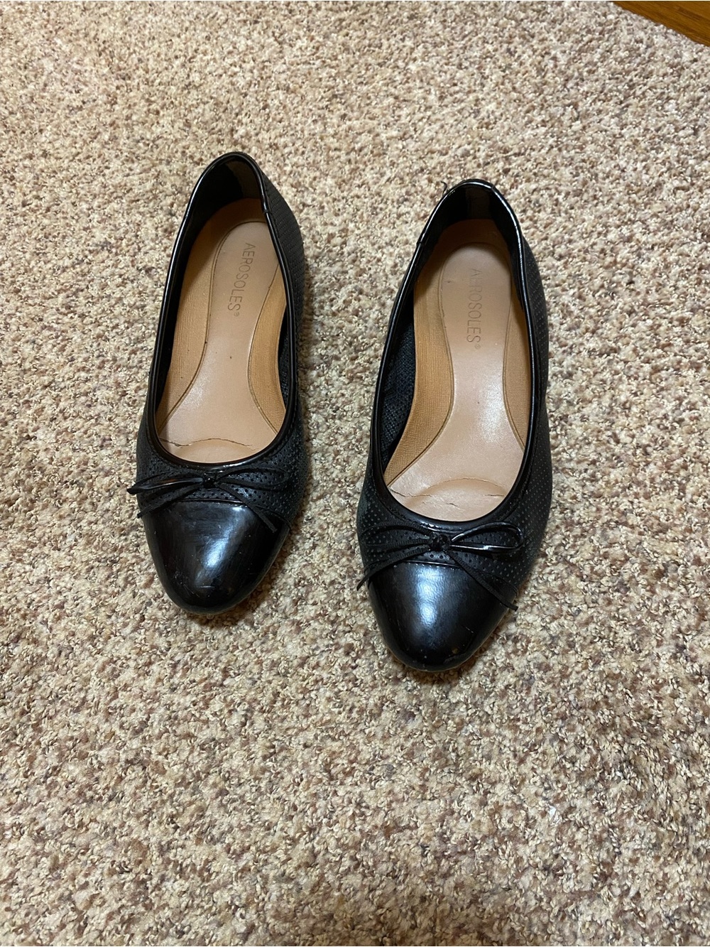AEROSOLES Black Perforated Leather Ballet Flats with Bow